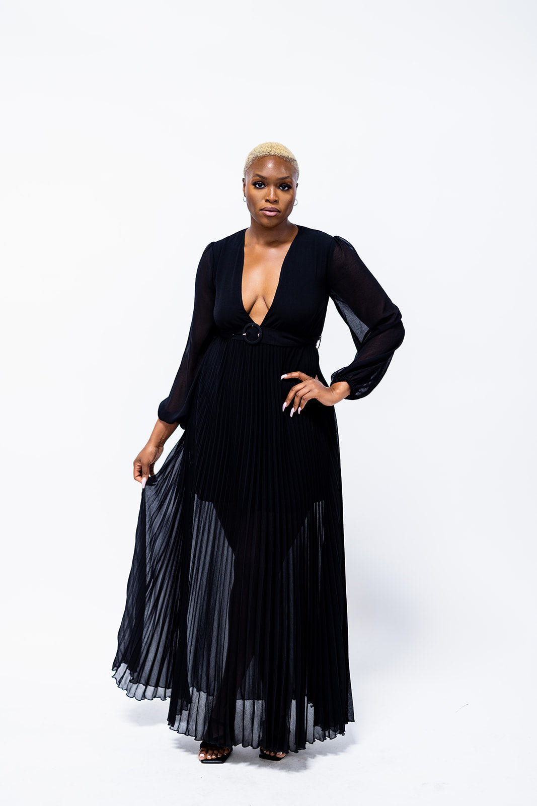 Pleated Vent Back With Belt Dress
