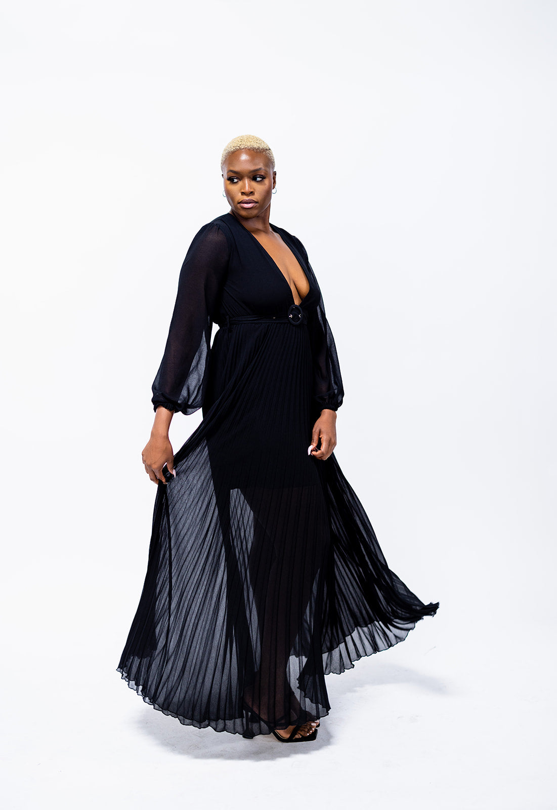 Pleated Vent Back With Belt Dress