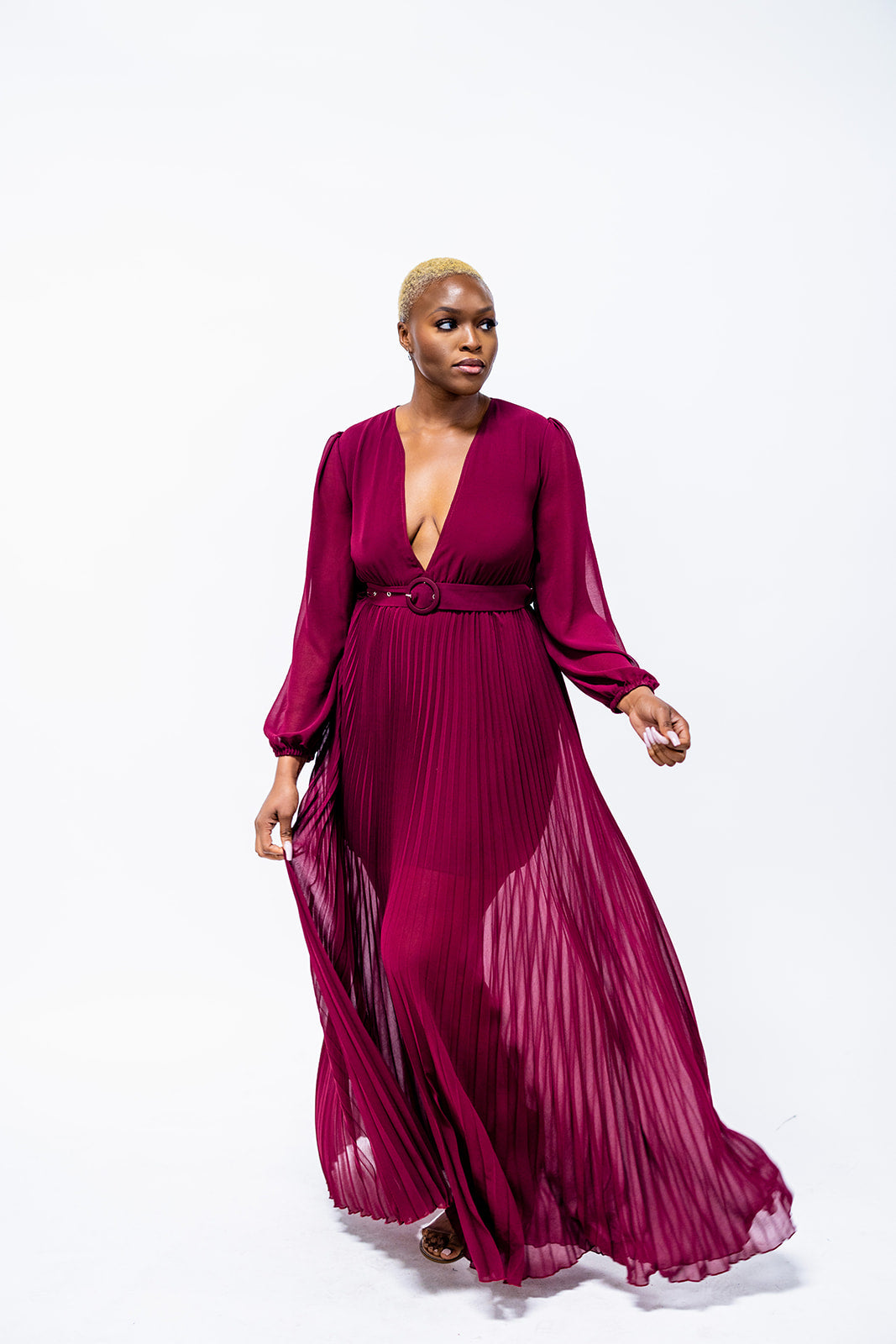 Pleated Vent Back With Belt Dress
